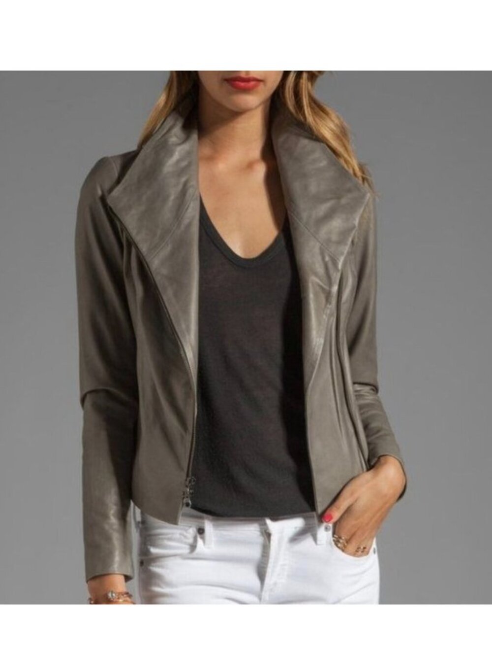 DKNY Taupe Grey Leather Asymmetrical Zip Jacket XS size